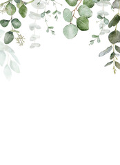 Watercolor eucalyptus wedding frame. Plant floral border design. Spring invitation. Vintage botanical background. Elegant template. © Victoria Pak