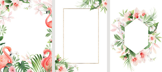 Watercolor wedding frame set. Tropical wedding design template. Flamingos, palm leaves, exotic flowers. Hand drawn illustration