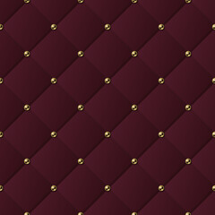 Classic volume seamless pattern with square grid and golden buttons. Dark red background.