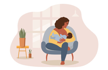 Fototapeta premium A woman sits at home in a chair and feeds a baby with breast milk. Mother and newborn together. Vector graphics.