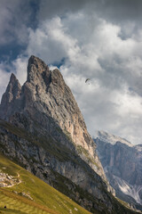 Fototapeta na wymiar Clouds over mountain massif Odle in Dolomites