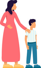 Disturbed woman holding son shoulder semi flat color  raster characters. Standing figures. Full body people on white. Simple cartoon style illustration for web graphic design and animation