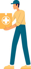 Volunteer with humanitarian aid semi flat color  raster character. Standing figure. Volunteering. Full body person on white. Simple cartoon style illustration for web graphic design and animation