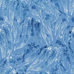 Abstract fern leaves, mix of prints, repeat seamless pattern. Digital hand drawing with hand painted texture. endless mixed