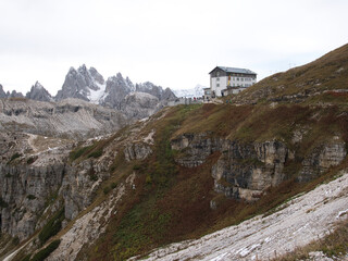 Panoramic views in autumn from above along Tre Cime di Lavaredo. Dolomites, Italy.