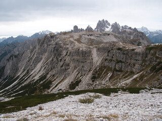 Panoramic views in autumn from above along Tre Cime di Lavaredo. Dolomites, Italy.