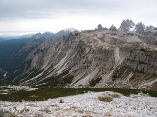 Panoramic views in autumn from above along Tre Cime di Lavaredo. Dolomites, Italy.