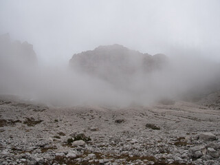 Panoramic views in autumn from above along Tre Cime di Lavaredo. Dolomites, Italy.