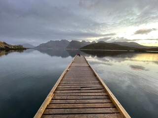 Bridge over the lake in Lofoten Islands, Norway