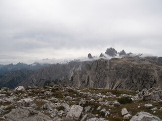 Panoramic views in autumn from above along Tre Cime di Lavaredo. Dolomites, Italy.