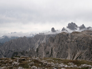 Panoramic views in autumn from above along Tre Cime di Lavaredo. Dolomites, Italy.