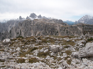 Panoramic views in autumn from above along Tre Cime di Lavaredo. Dolomites, Italy.