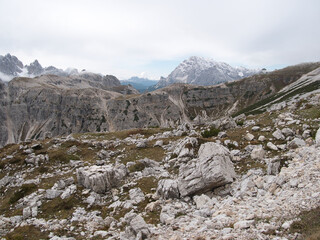 Panoramic views in autumn from above along Tre Cime di Lavaredo. Dolomites, Italy.