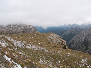 Panoramic views in autumn from above along Tre Cime di Lavaredo. Dolomites, Italy.