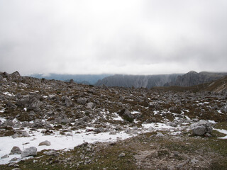 Panoramic views in autumn from above along Tre Cime di Lavaredo. Dolomites, Italy.