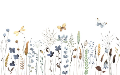 Wildflowers, plants, flying butterflies, dragonfly, floral seamless pattern, watercolor horizontal border, isolated hand painting illustration, summer meadow.