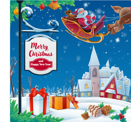 christmas greeting card with santa claus delivering presents on sleigh landscape with village - 548327398
