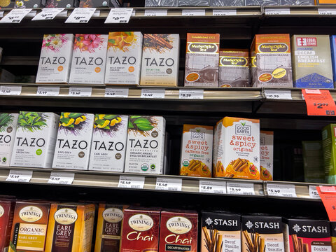Mill Creek, WA USA - circa September 2022: Wide view of a variety of teas for sale inside a Town and Country Market.