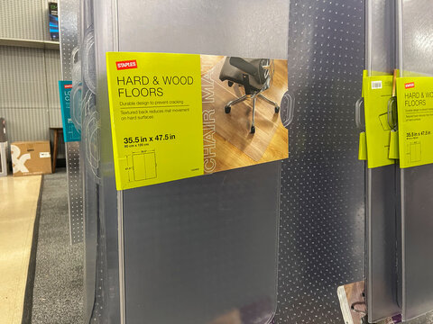 Seattle, WA USA - Circa July 2022: Close Up View Of Chair Mats For Sale Inside A Staples Store.