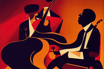 Digital illustration featuring a jazz musician playing with a partner in an art deco abstract graphic artwork. Jazz players in a charismatic vintage illustration at a performance. Dramatic wallpaper - obrazy, fototapety, plakaty