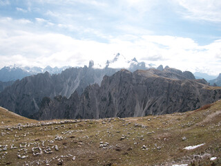 Panoramic views in autumn from above along Tre Cime di Lavaredo. Dolomites, Italy.