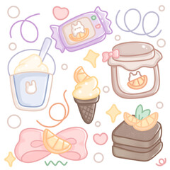 set of food and drinks