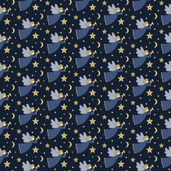 Seamless pattern Christmas angel with trumpet