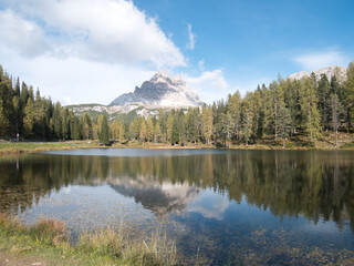A sunny autumn day along Lake Antorno, Dolomites, Italy.