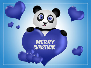 Merry Christmas card with blue hearts and cute panda bear illustration