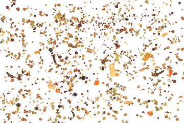 Mixture of s with dried vegetables and lemon and orange peel, allspice, black pepper, coriander, bay leaf, carrot, parsnip, clove, ginger, leek, onion, parsley, paprika isolated on white, top 