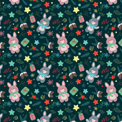 seamless christmas pattern with bunnies