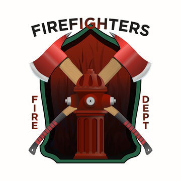 Firefighter Insignia in realistic style. Firefighter axes and hydrant on shield Badge. Colorful vector illustration on a white background.