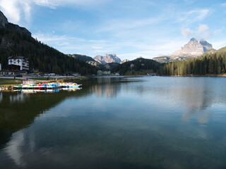 Afternoon walk in autumn around Misurina lake, Dolomites, Italy