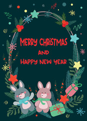 christmas card with cute bunnies