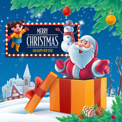 santa claus inside gift box announces event with snowy landscape little girl snowman - 548332763