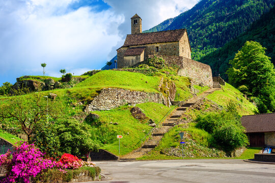 Giornico village in an alpine valley, swiss Alps mountains, Switzerland