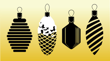 Christmas decorations. Set of four black vector silhouettes of vintage soviet Christmas tree toys isolated on gold background.