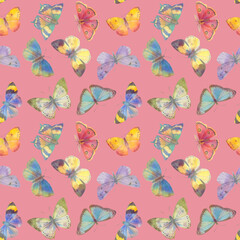 watercolor butterflies, seamless pattern for design. Abstract ornament from colorful butterflies.