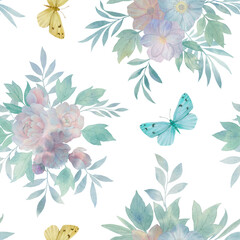Seamless floral pattern with flowers and leaves, watercolor illustration. Template design for wrapping paper, textiles, wallpaper, interior, clothes, postcards.