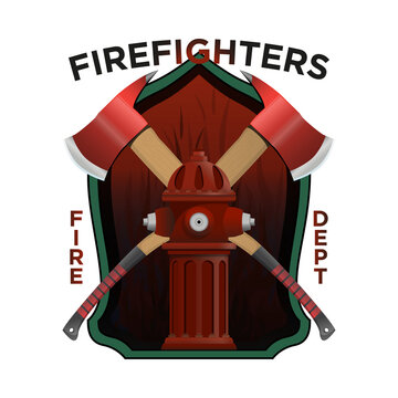Firefighter Insignia in realistic style. Firefighter axes and hydrant on shield Badge. Colorful PNG illustration.