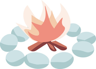 Campfire surrounded by stones semi flat color raster object. Encampment. Camping trip. Full sized item on white. Simple cartoon style illustration for web graphic design and animation