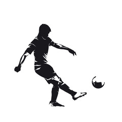 Soccer player kicking ball, footballer scoring goal, isolated vector silhouette. Football, team sport © michalsanca