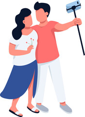 Boy with girl holding selfie stick for making photo semi flat color raster characters. Posing figures. Full body people on white. Simple cartoon style illustration for web graphic design and animation