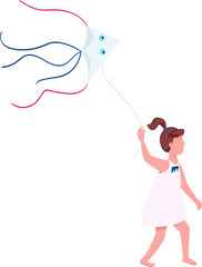 Little girl flying kite at park semi flat color raster character. Running figure. Happy childhood. Full body person on white. Simple cartoon style illustration for web graphic design and animation