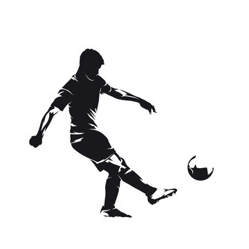 Soccer player kicking ball, footballer scoring goal, isolated vector silhouette. Football, team sport