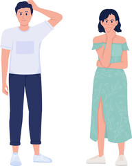 Pensive semi flat color raster characters set. Standing figures. Full body people on white. Thinking and questioning couple simple cartoon style illustration pack for web graphic design and animation