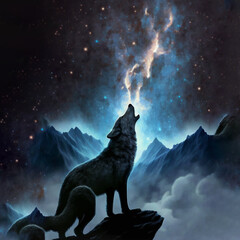 Black wolf howling at galaxy - obrazy, fototapety, plakaty