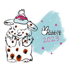 Rabbit 2023, inscription, year of the rabbit, cute bunny in a hat