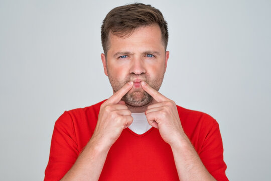 Man Closes A Mouth Hands Being Afraid To Smile Or Speak. Teeth Problem