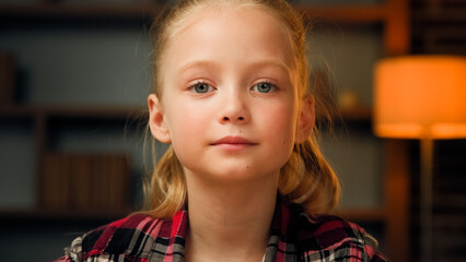 Pretty cute girl child teen toddler daughter caucasian european teenager schoolgirl youth adorable face of young happy learner posing at home beautiful angelic baby blonde kid beauty childhood concept